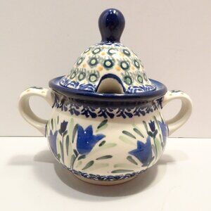UNIKAT Vintage Polish Pottery Lidded Sugar Bowl Signed Flowers Blue Green